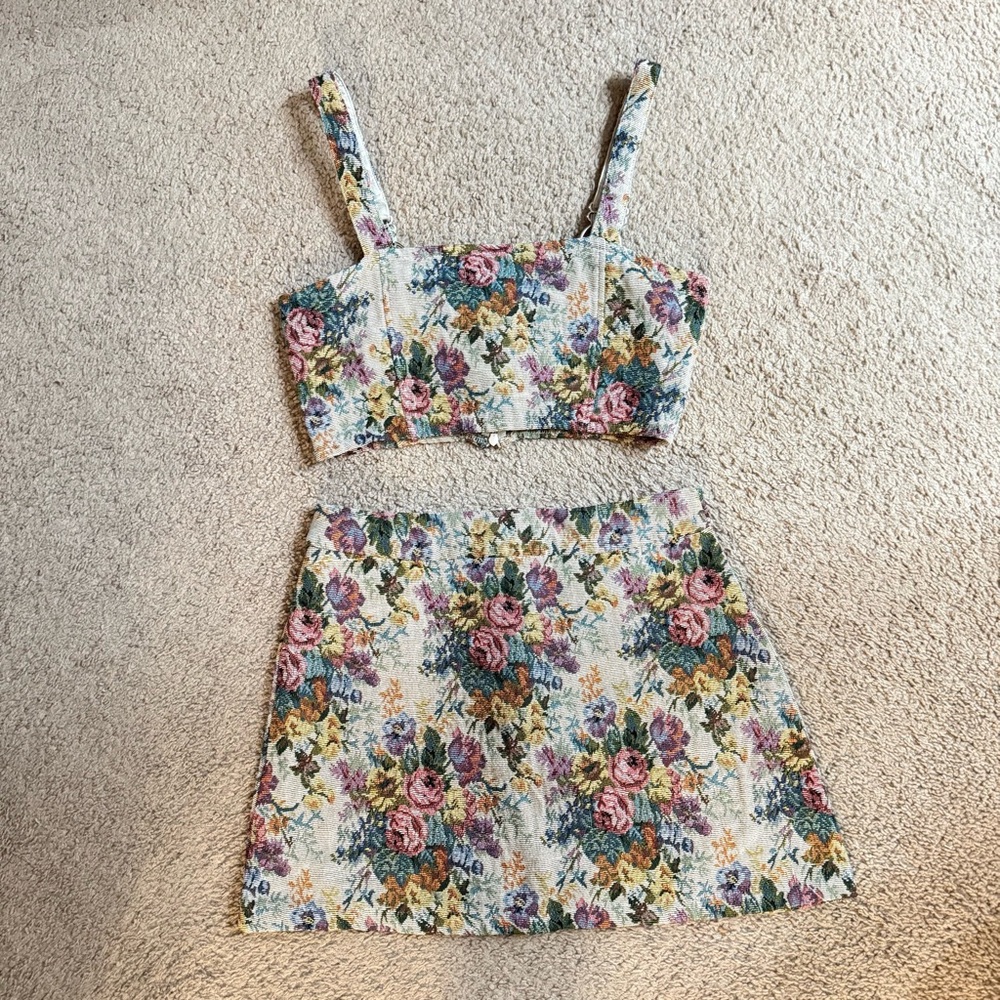 Floral Tapestry Crop Top and Skirt 2-Piece Set